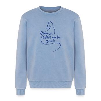 Doma je, hźež micka mjawči. - Relaxed Unisex Premium Acid Washed Sweatshirt - acid washed blue - Front - AI Model Female 172 dark (172cm) & AI Model Male 178 light (178cm)