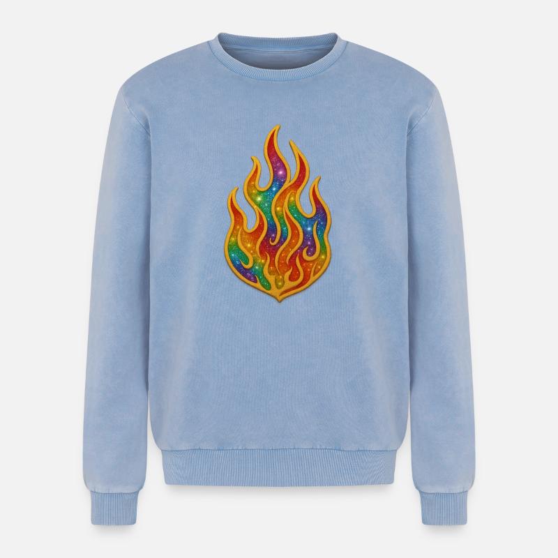 Rainbow Fire Patch - Relaxed Unisex Premium Acid Washed Sweatshirt - acid washed blue