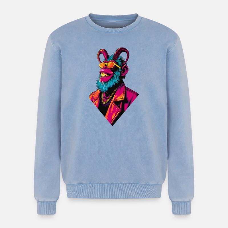 Devil Monkey - Relaxed Unisex Premium Acid-Washed Sweatshirt - Blau Acid Wash