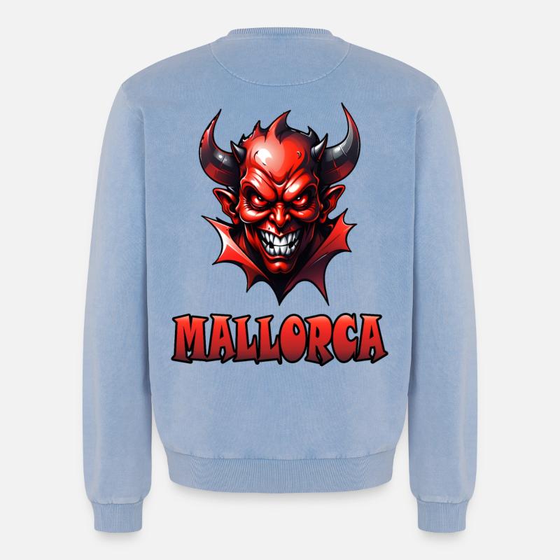 Mallorca mit Red Devil - Relaxed Unisex Premium Acid-Washed Sweatshirt - Blau Acid Wash