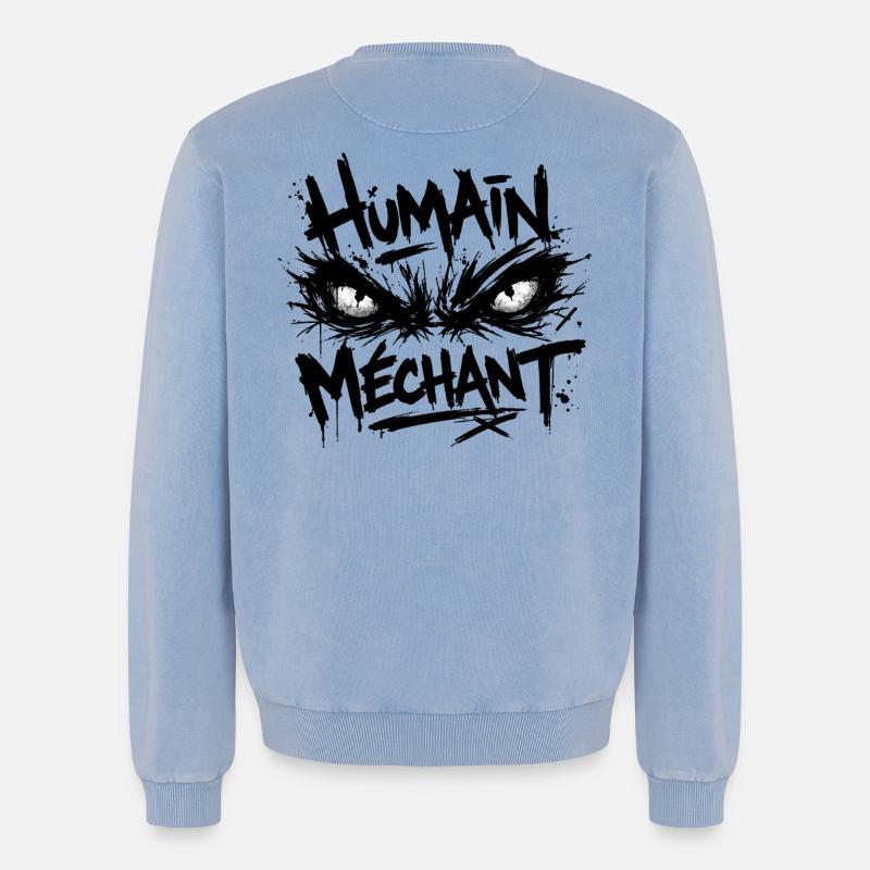 Evil Human Look Black Pattern - Relaxed Unisex Premium Acid Washed Sweatshirt - acid washed blue