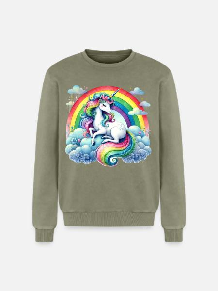Regenbogen-Einhorn auf Wolken - Relaxed Unisex Premium Acid-Washed Sweatshirt - Grün Acid Wash