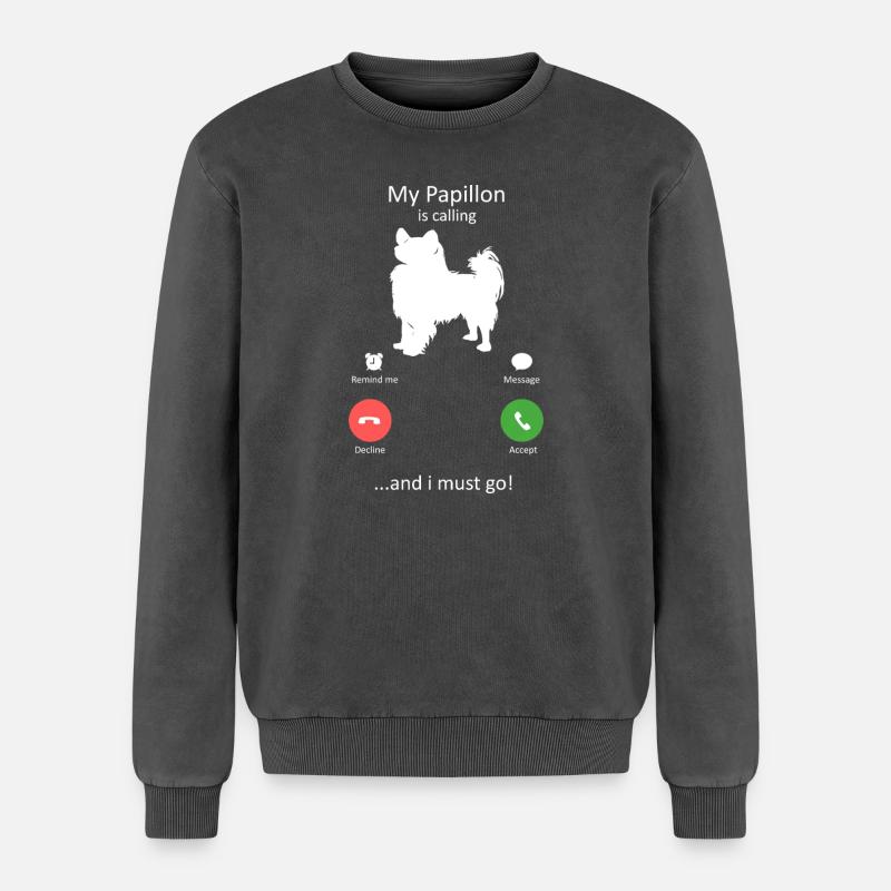 Papillon Dog Calling Smartphone Interface - Relaxed Unisex Premium Acid Washed Sweatshirt - acid washed black