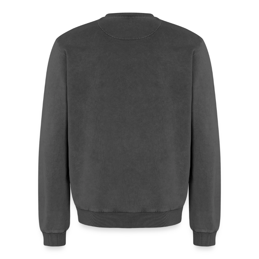 Grindelwald badge on a relaxed unisex premium acid washed sweatshirt, acid washed black, back