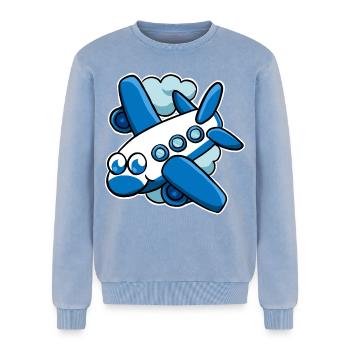 airplane - Relaxed Unisex Premium Acid Washed Sweatshirt - acid washed blue - Front - AI Model Female 172 dark (172cm) & AI Model Male 178 light (178cm)