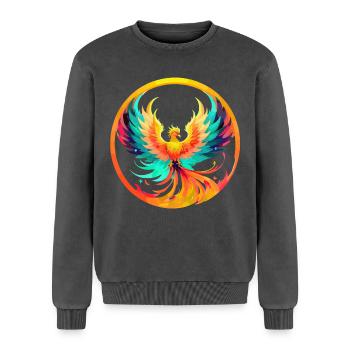 Phoenix Phönix - Relaxed Unisex Premium Acid-Washed Sweatshirt - Schwarz Acid Wash - Vorne - AI Model Female 172 dark (172cm) & AI Model Male 178 light (178cm)