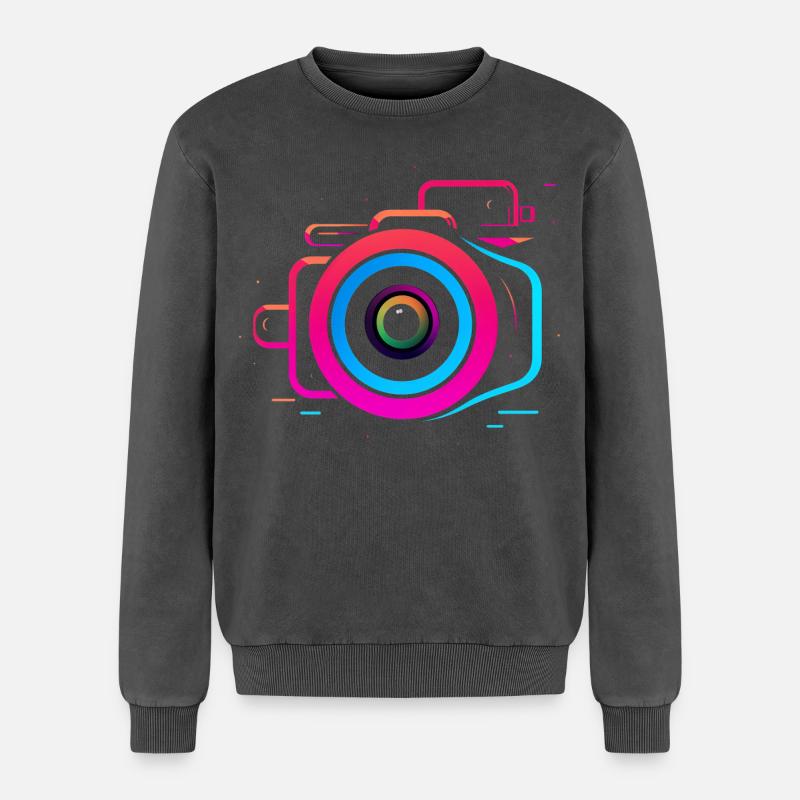 Camera Synthwave Style - Relaxed Unisex Premium Acid Washed Sweatshirt - acid washed black