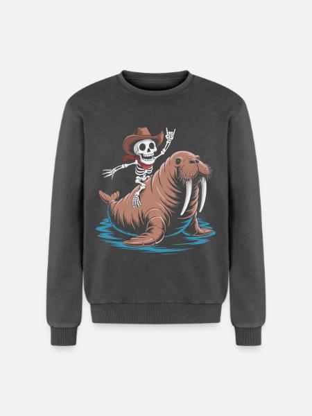 Skeleton cowboy on walrus - Relaxed Unisex Premium Acid Washed Sweatshirt - acid washed black