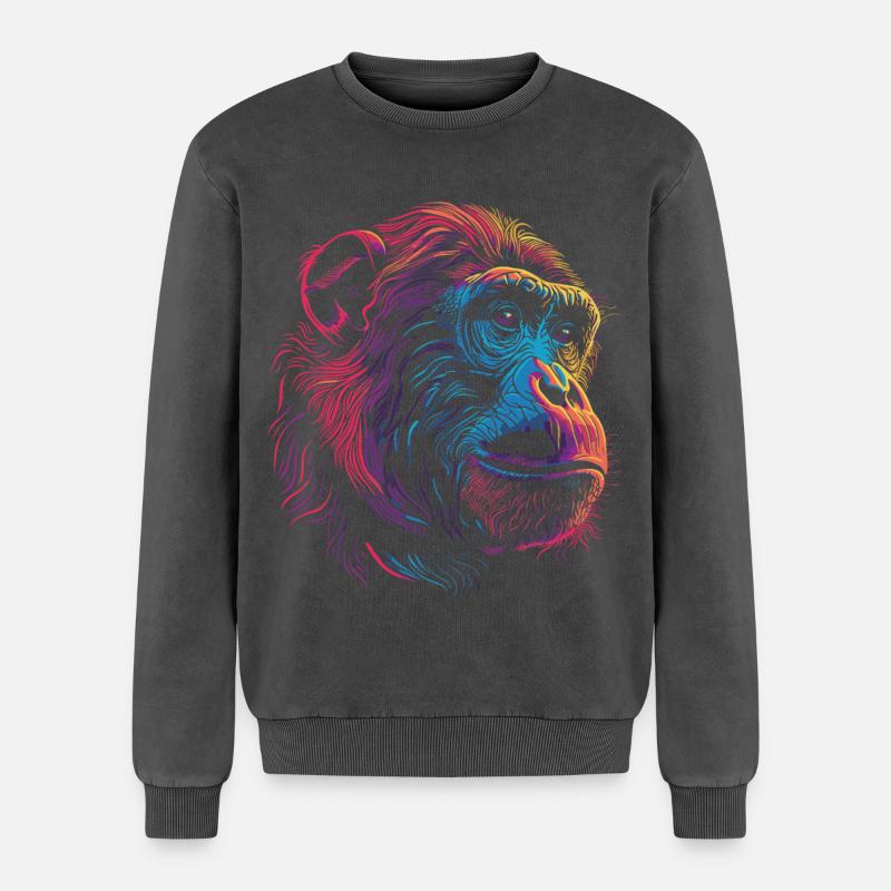 Neon Psychedelic Monkey - Relaxed Unisex Premium Acid Washed Sweatshirt - acid washed black