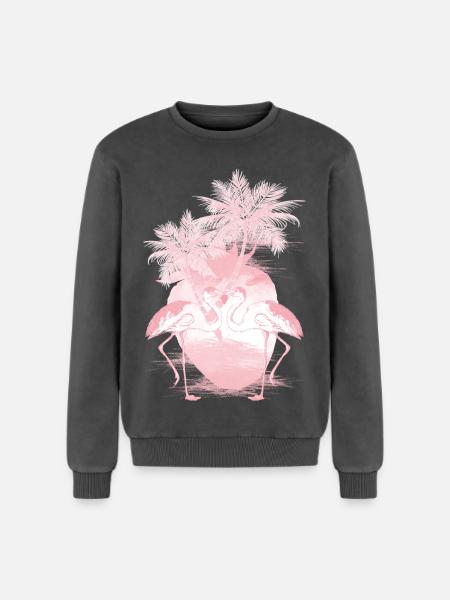 Palm Flamingos Summer Pink - Relaxed Unisex Premium Acid Washed Sweatshirt - acid washed black