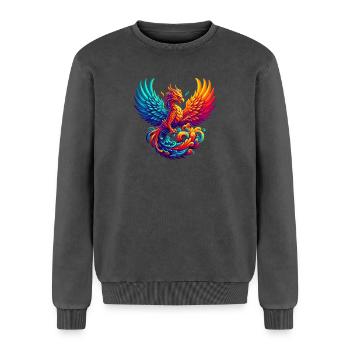 Hyperflammen des majestätischen Phönix - Relaxed Unisex Premium Acid-Washed Sweatshirt - Schwarz Acid Wash - Vorne - AI Model Female 172 dark (172cm) & AI Model Male 178 light (178cm)