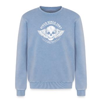 Fahrer seit 1987 - 38 Jahre Speed & Adventure - Relaxed Unisex Premium Acid-Washed Sweatshirt - Blau Acid Wash - Vorne - AI Model Female 172 dark (172cm) & AI Model Male 178 light (178cm)