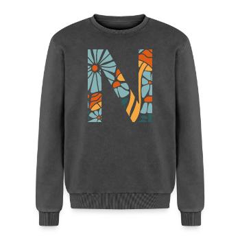 Groovy Letter n Flowers Gift Idea - Relaxed Unisex Premium Acid Washed Sweatshirt - acid washed black - Front - AI Model Female 172 dark (172cm) & AI Model Male 178 light (178cm)