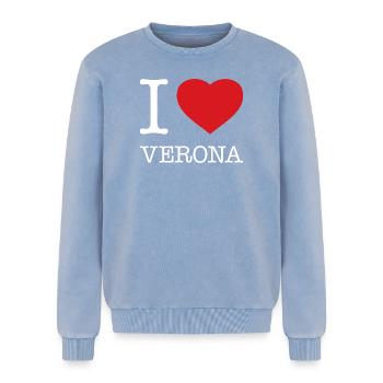 J’adore Vérone - Sweatshirt unisexe Premium acid-wash en coton - bleu délavé acide - Devant - AI Model Female 172 dark (172cm) & AI Model Male 178 light (178cm)