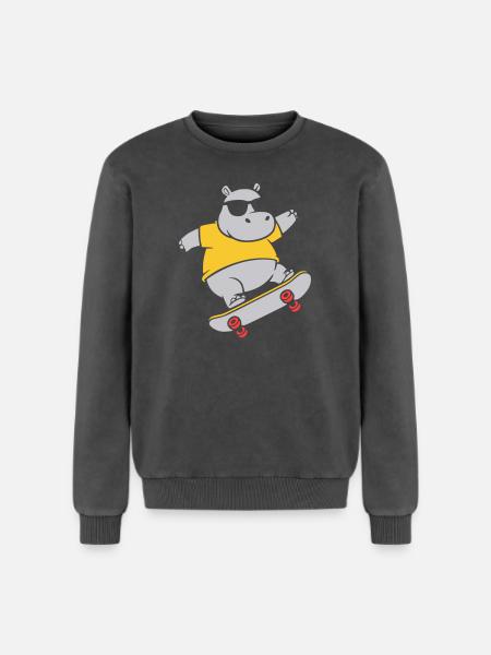 Cool Hippopotamus Skater Skateboard Vector - Relaxed Unisex Premium Acid Washed Sweatshirt - acid washed black