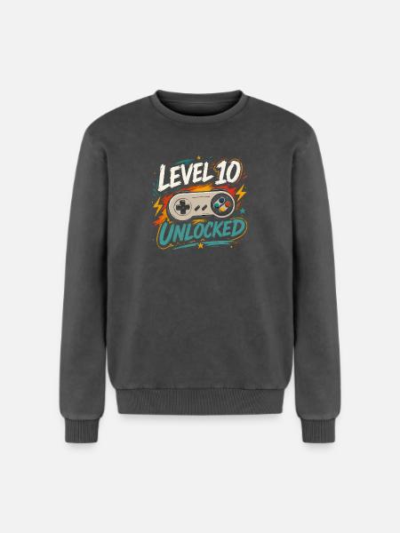 Level 10 freigeschaltetes 10-Jahres-Jubiläums-D-Geschenk - Relaxed Unisex Premium Acid-Washed Sweatshirt - Schwarz Acid Wash