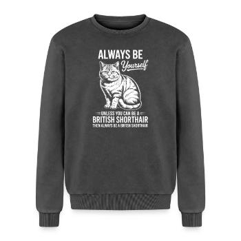 Britisch Kurzhaar Katze Britisch Kurzhaar Geschenk - Relaxed Unisex Premium Acid-Washed Sweatshirt - Schwarz Acid Wash - Vorne - AI Model Female 172 dark (172cm) & AI Model Male 178 light (178cm)