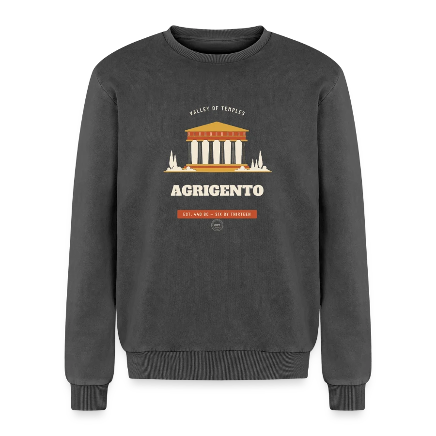 Agrigento badge on a relaxed unisex premium acid washed sweatshirt, acid washed black, front