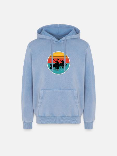Sunset Kayak Duo Circle - Relaxed Unisex Premium Acid Washed Hoodie - acid washed blue