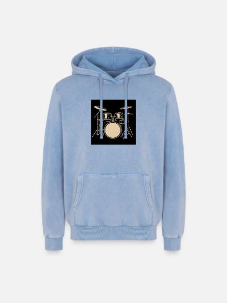Black Silver Drumset Illustration - Relaxed Unisex Premium Acid Washed Hoodie - acid washed blue