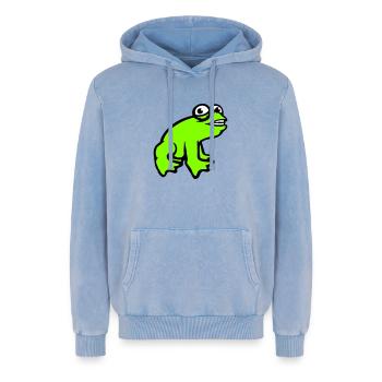 Frosch grinst cool lustig Comic verrückte Kröte - Relaxed Unisex Premium Acid-Washed Hoodie - Blau Acid Wash - Vorne - AI Model Female 172 dark (172cm) & AI Model Male 185 light (185cm)