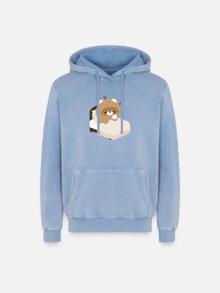 Cozy Sleepy Beaver on Bed - Relaxed Unisex Premium Acid Washed Hoodie - acid washed blue
