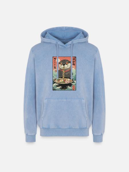 Kawaii Otter Ramen Noodles - Relaxed Unisex Premium Acid Washed Hoodie - acid washed blue