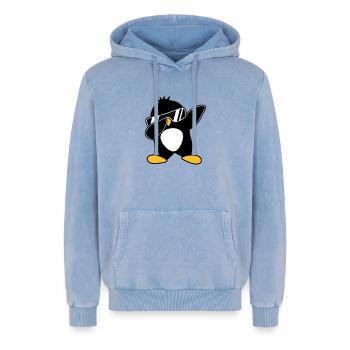 Dabbing Penguin - Relaxed Unisex Premium Acid Washed Hoodie - acid washed blue - Front - AI Model Female 172 dark (172cm) & AI Model Male 185 light (185cm)