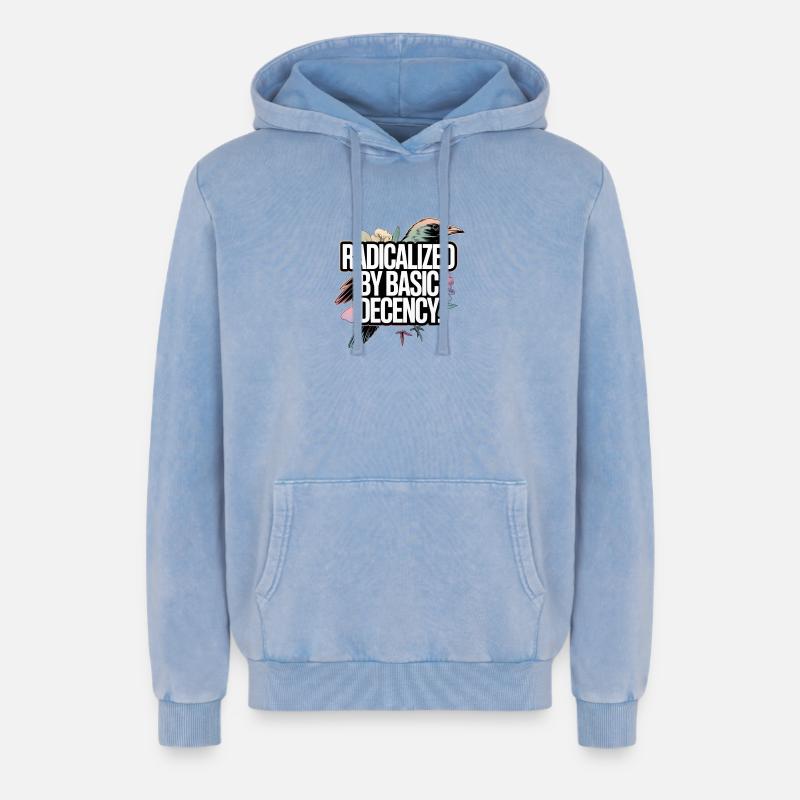 Radicalized by Basic Decency Statement - Relaxed Unisex Premium Acid-Washed Hoodie - Blau Acid Wash