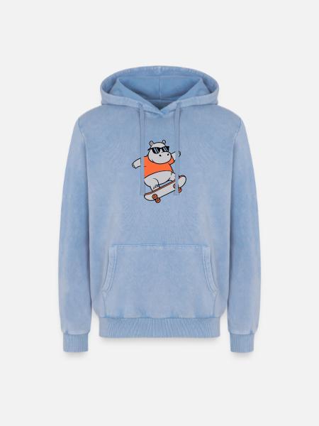 Cool Hippopotamus Skater Skateboard Vector - Relaxed Unisex Premium Acid Washed Hoodie - acid washed blue