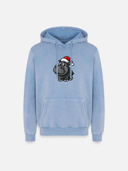 Hippopotamus Christmas - Relaxed Unisex Premium Acid Washed Hoodie - acid washed blue