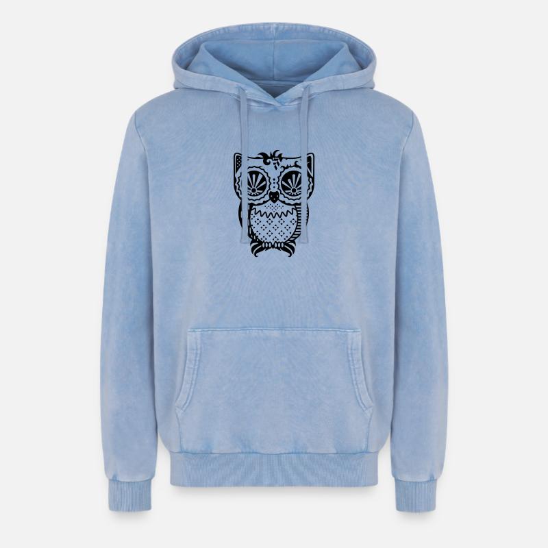 Patchwork Eule - Relaxed Unisex Premium Acid-Washed Hoodie - Blau Acid Wash