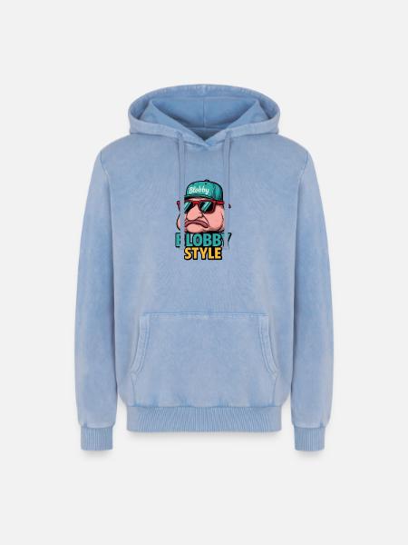 Blobby Style Cartoon Tee - Relaxed Unisex Premium Acid Washed Hoodie - acid washed blue