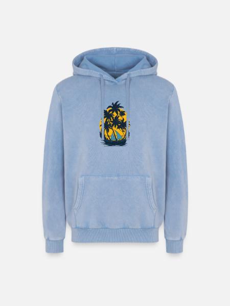 Sunset on the palm boat - Relaxed Unisex Premium Acid Washed Hoodie - acid washed blue