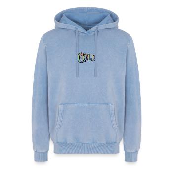 GOLD - with the colours of the rainbow - Relaxed Unisex Premium Acid Washed Hoodie - acid washed blue - Front - AI Model Female 172 dark (172cm) & AI Model Male 185 light (185cm)