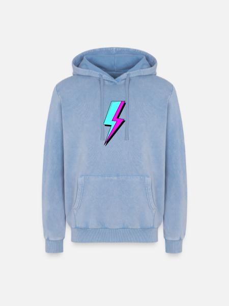 Psychedelic Neon Lightning - Relaxed Unisex Premium Acid Washed Hoodie - acid washed blue