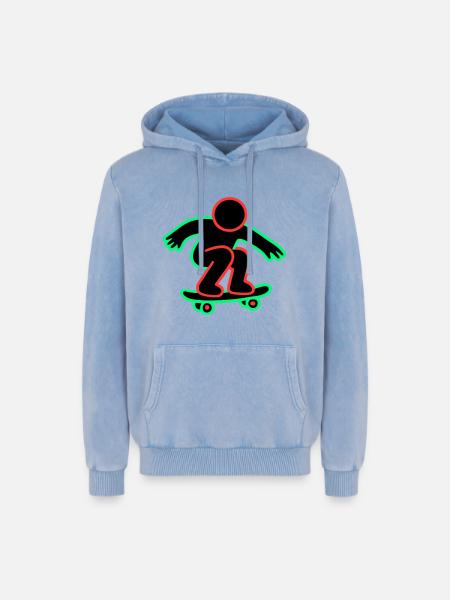 Neon Skateboarder Line Art - Relaxed Unisex Premium Acid Washed Hoodie - acid washed blue