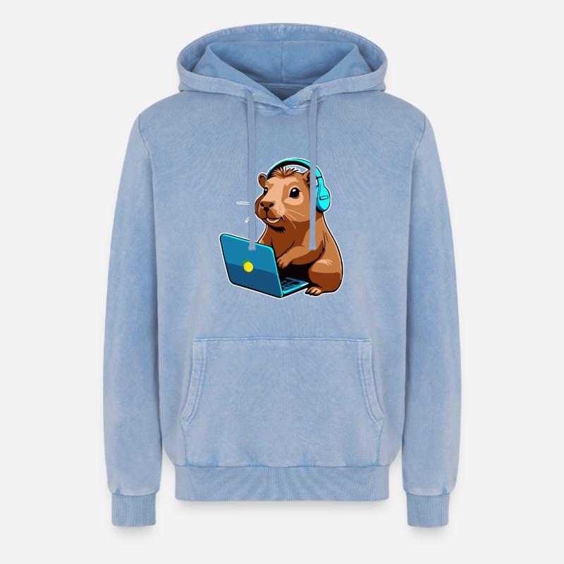 Capybara Programmer Coder Computer - Relaxed Unisex Premium Acid Washed Hoodie - acid washed blue