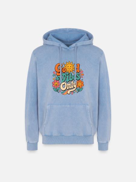 Good Vibe's Only Retro Floral - Relaxed Unisex Premium Acid Washed Hoodie - acid washed blue