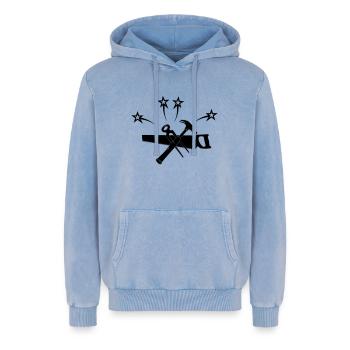 Pince pour scie à percussion quatre étoiles - Sweat à capuche unisexe Premium acid-wash en coton - bleu délavé acide - Devant - AI Model Female 172 dark (172cm) & AI Model Male 185 light (185cm)