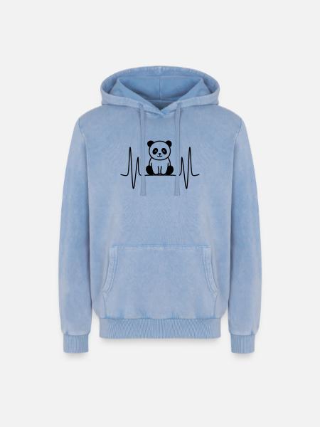 Panda Heartbeat Line Motif - Relaxed Unisex Premium Acid Washed Hoodie - acid washed blue