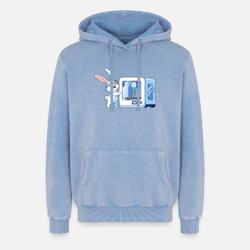 Funny Rabbit Nerd Programmer 3D Printer - Relaxed Unisex Premium Acid Washed Hoodie - acid washed blue