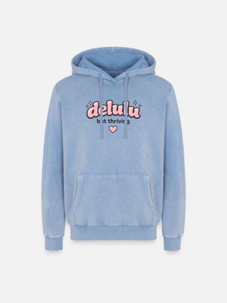 Delulu Thriving Logo - Relaxed Unisex Premium Acid-Washed Hoodie - Blau Acid Wash
