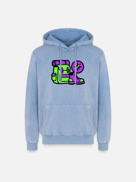 Hiking Backpack Compass Graphic - Relaxed Unisex Premium Acid Washed Hoodie - acid washed blue
