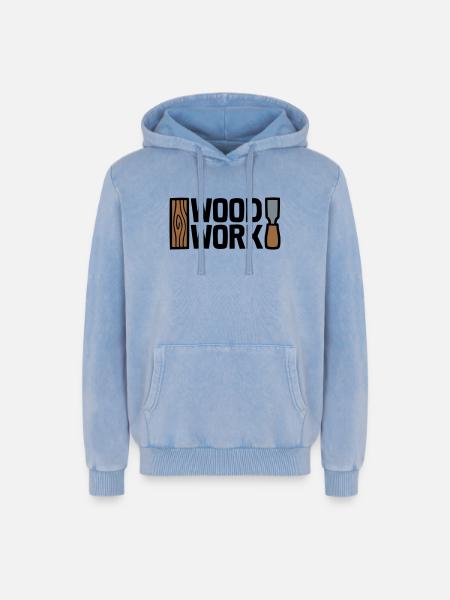 Wood Work Lettering Logo - Relaxed Unisex Premium Acid Washed Hoodie - acid washed blue