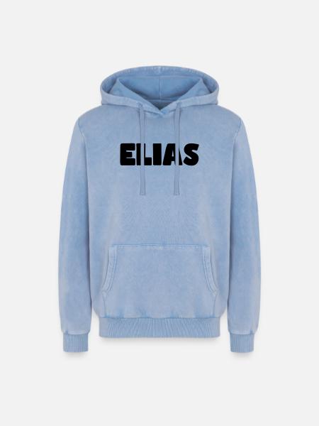 Elias Name - Relaxed Unisex Premium Acid Washed Hoodie - acid washed blue