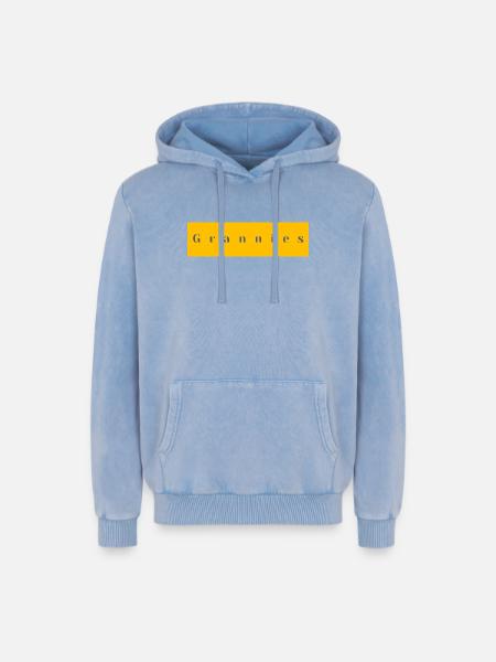 Grannies Typography Yellow Purple - Relaxed Unisex Premium Acid Washed Hoodie - acid washed blue