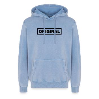 Das echte Original - Relaxed Unisex Premium Acid-Washed Hoodie - Blau Acid Wash - Vorne - AI Model Female 172 dark (172cm) & AI Model Male 185 light (185cm)