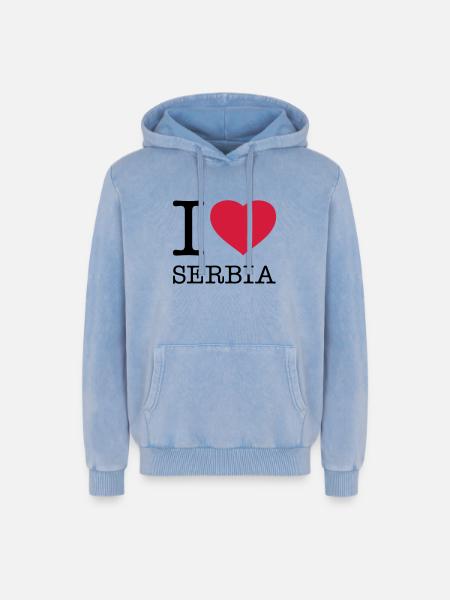 KOCHAM SERBIĘ Serbia - Bluza z kapturem Premium unisex z bawełny z efektem acid wash - niebieski acid wash