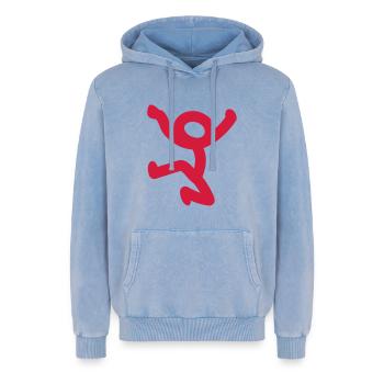 Comic - Relaxed Unisex Premium Acid-Washed Hoodie - Blau Acid Wash - Vorne - AI Model Female 172 dark (172cm) & AI Model Male 185 light (185cm)
